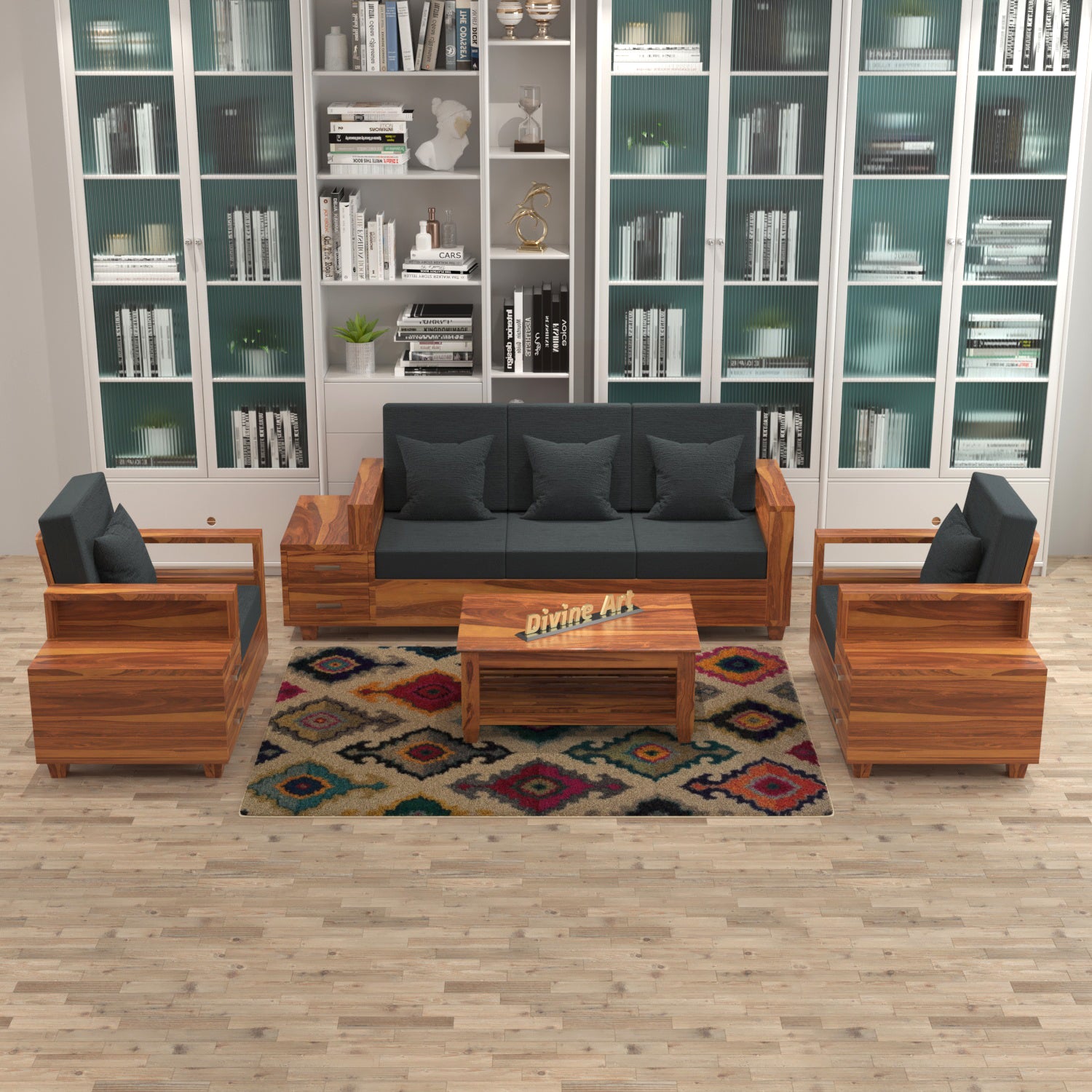 Auralis Solid Sheesham Wood 3+1+1 Sofa Set with Side Drawers | 3 Years Warranty