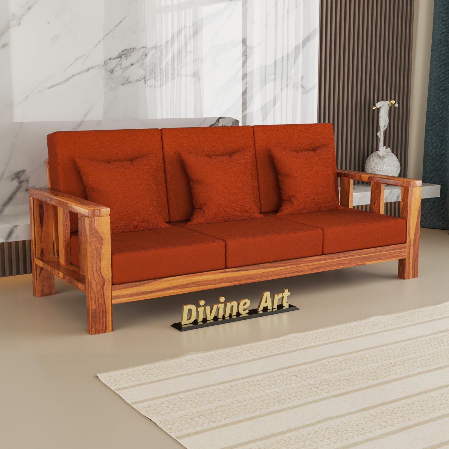 Solid Sheesham Wood 3 Seater Sofa – Natural Finish