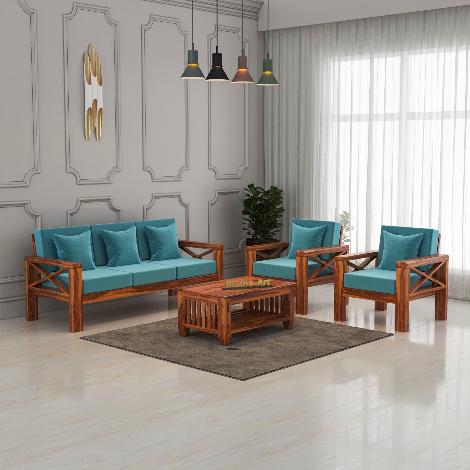 Boston Sheesham Wood 5 Seater Sofa Set | Natural Finish