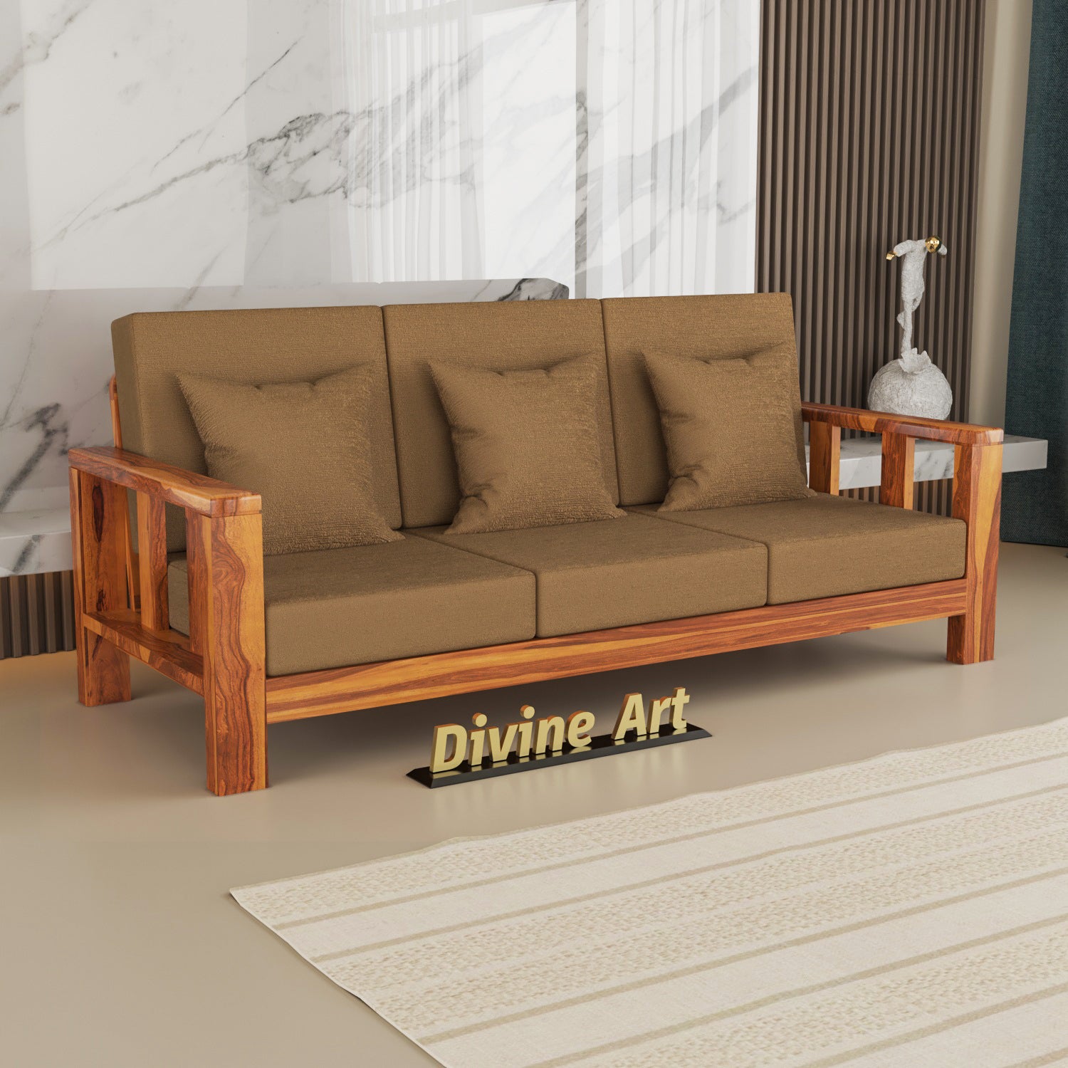 Solid Sheesham Wood 3 Seater Sofa – Natural Finish