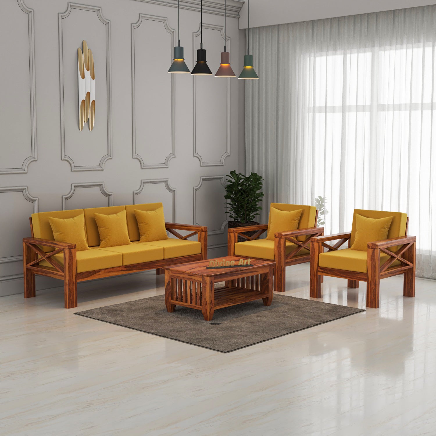 Boston Sheesham Wood 5 Seater Sofa Set | Natural Finish