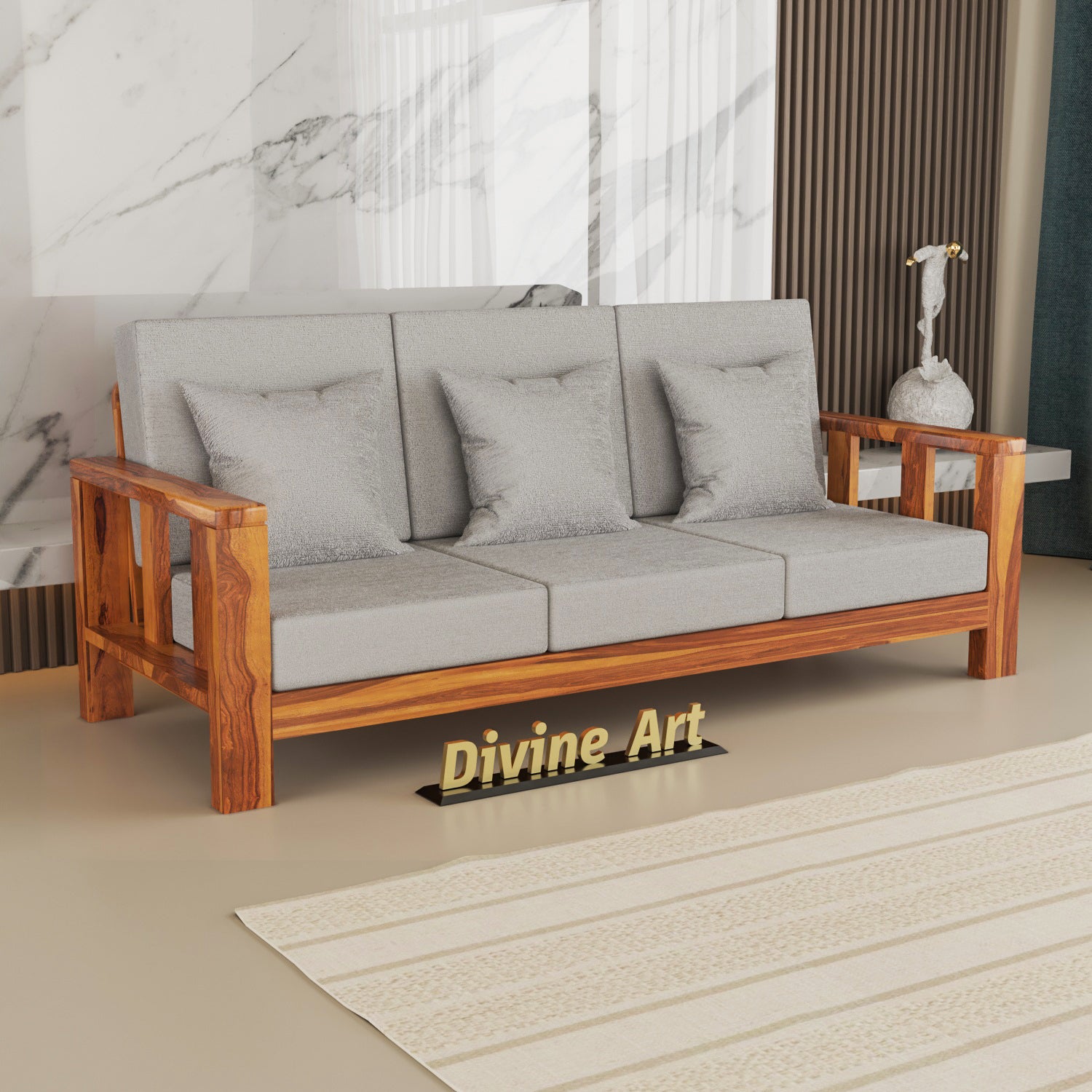 Solid Sheesham Wood 3 Seater Sofa – Natural Finish