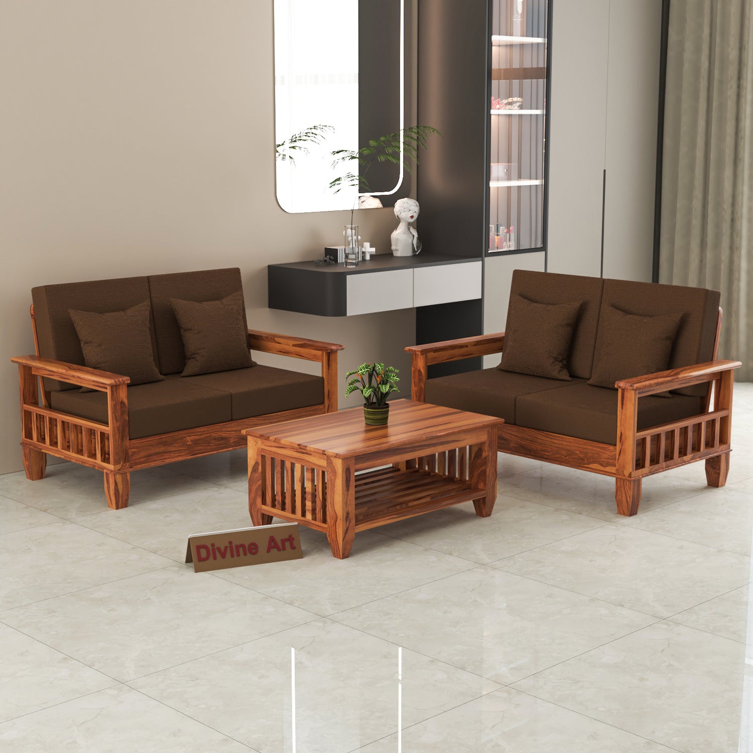 Solid Sheesham Wood 4 Seater Wooden Sofa for Living Room