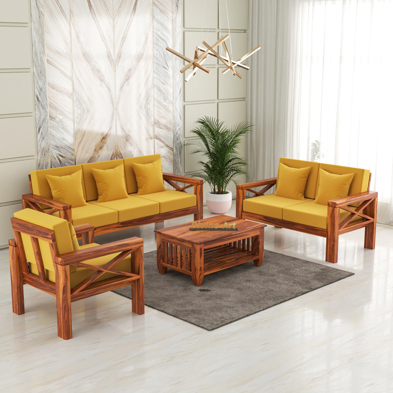 Alexandria Sheesham Wood 6 Seater Sofa Set | Natural Finish