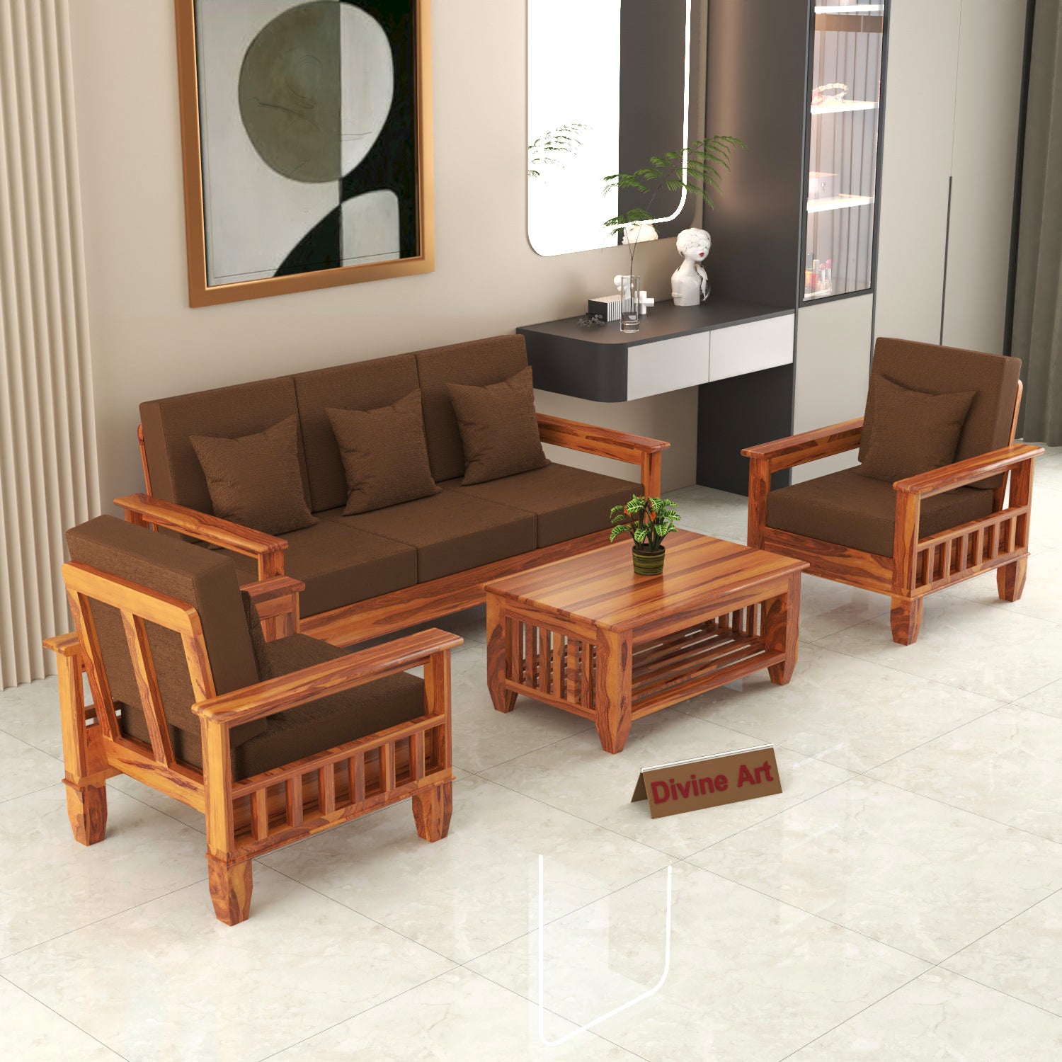 Premium Solid Sheesham Wood 5 Seater Wooden Sofa Set | Natural Finish