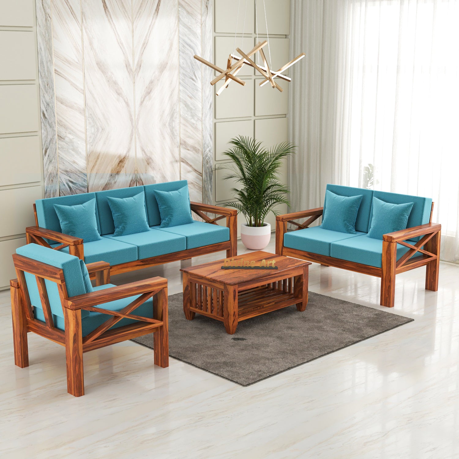 Alexandria Sheesham Wood 6 Seater Sofa Set | Natural Finish