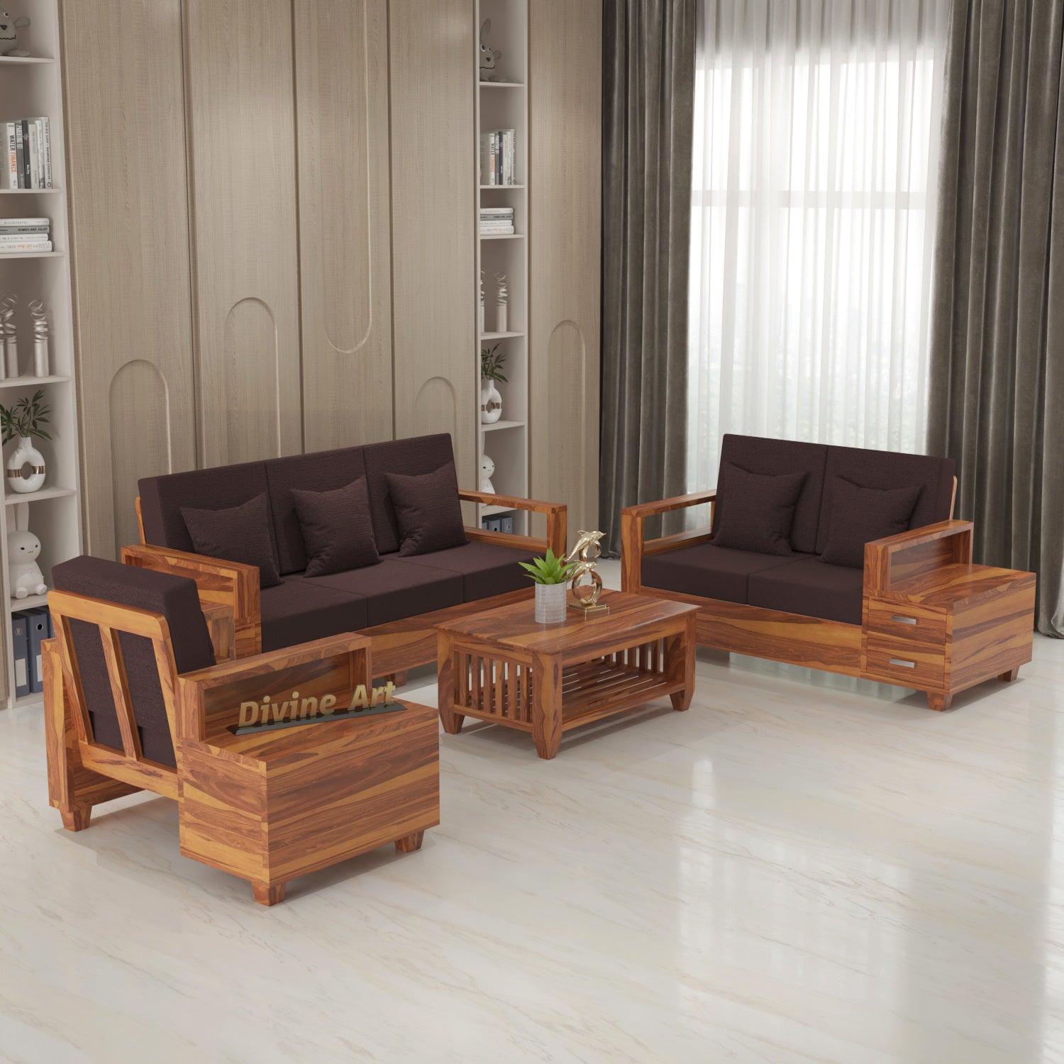 Premium Solid Sheesham Wood 6 Seater Sofa Set with Storage | Natural Finish