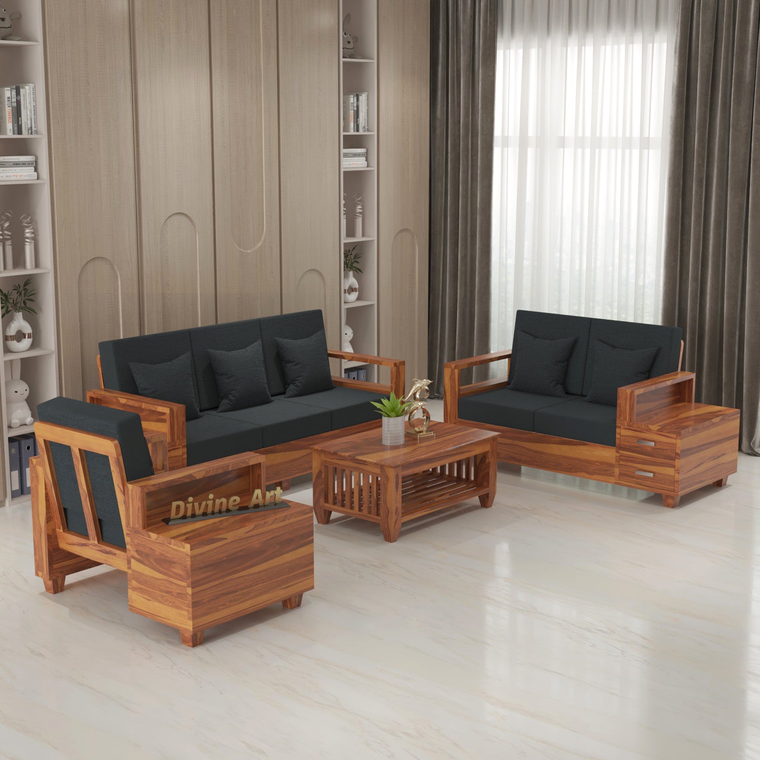 Premium Solid Sheesham Wood 6 Seater Sofa Set with Storage | Natural Finish