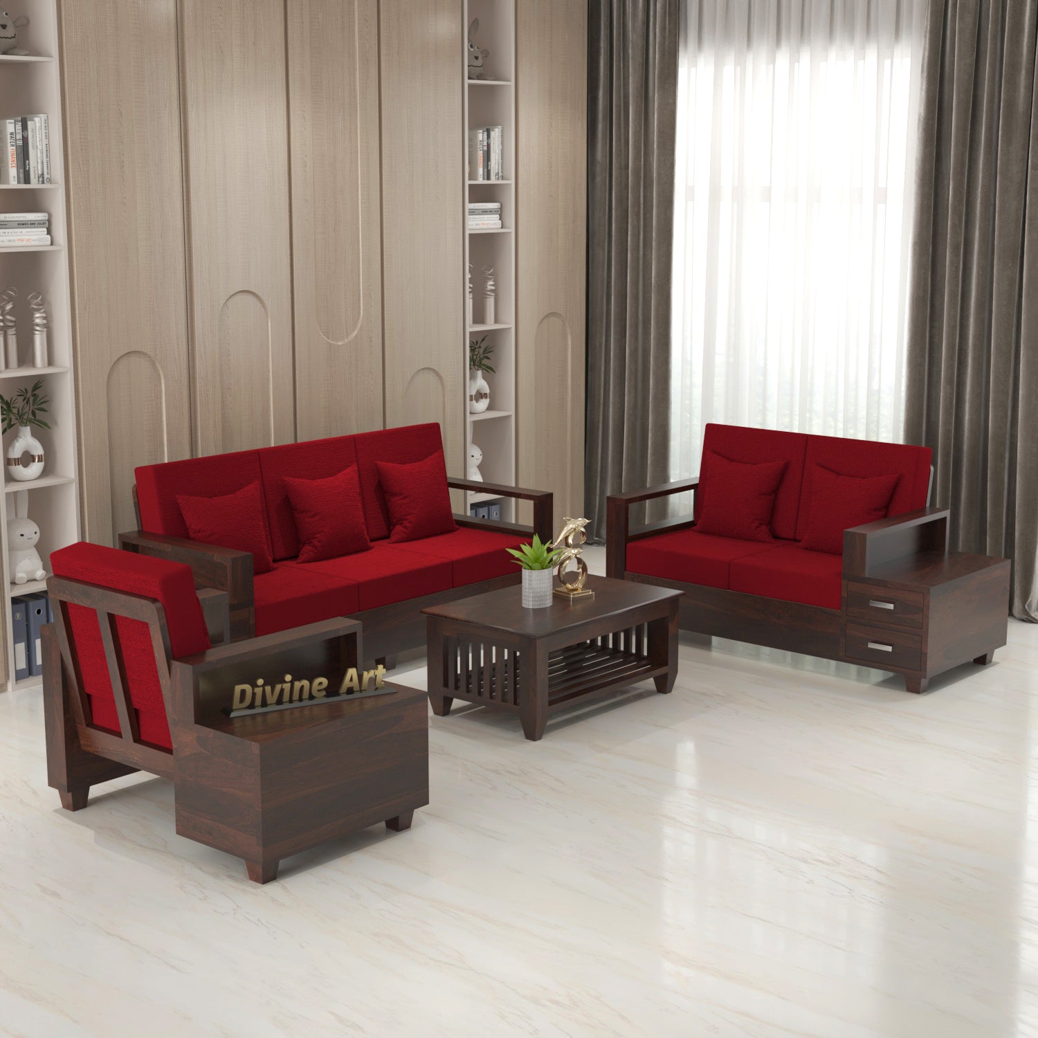 Premium Solid Sheesham Wood 6 Seater Sofa Set with Storage | Walnut Finish