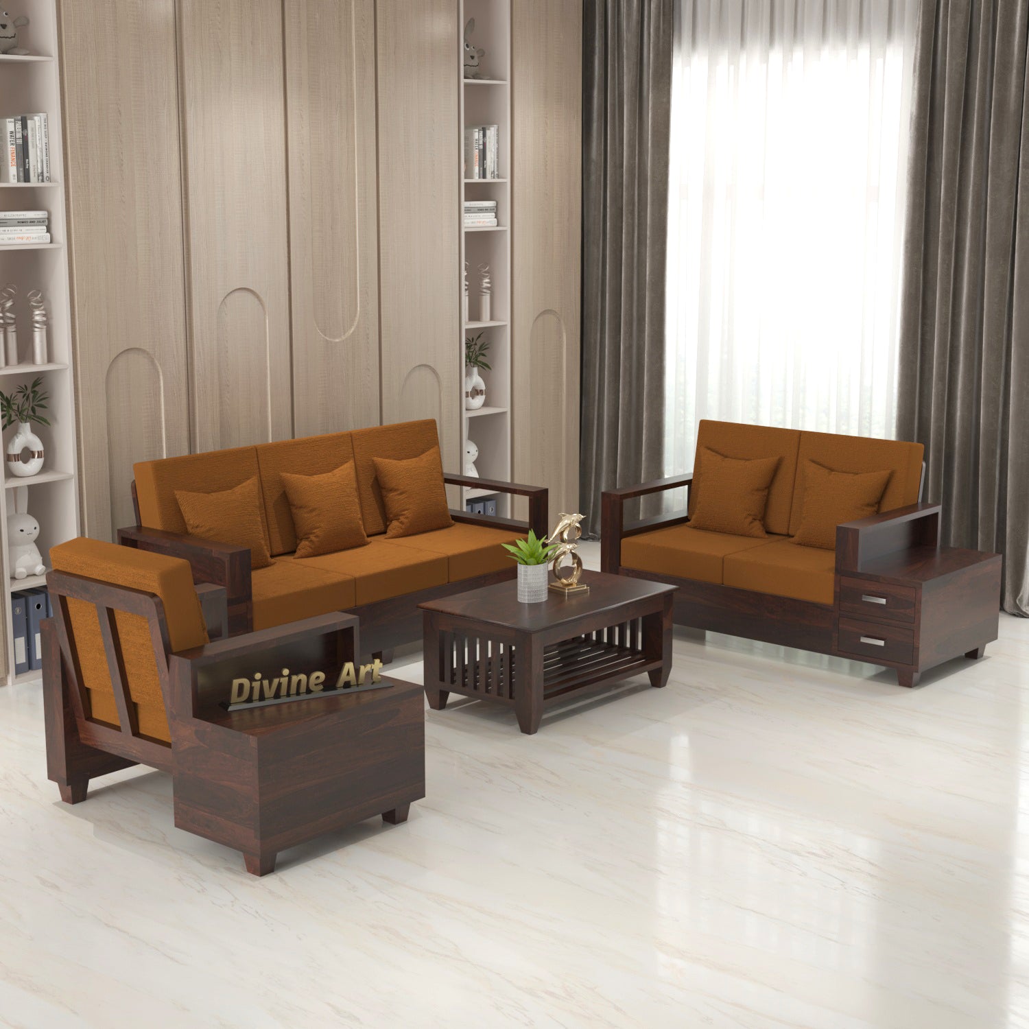 Premium Solid Sheesham Wood 6 Seater Sofa Set with Storage | Walnut Finish