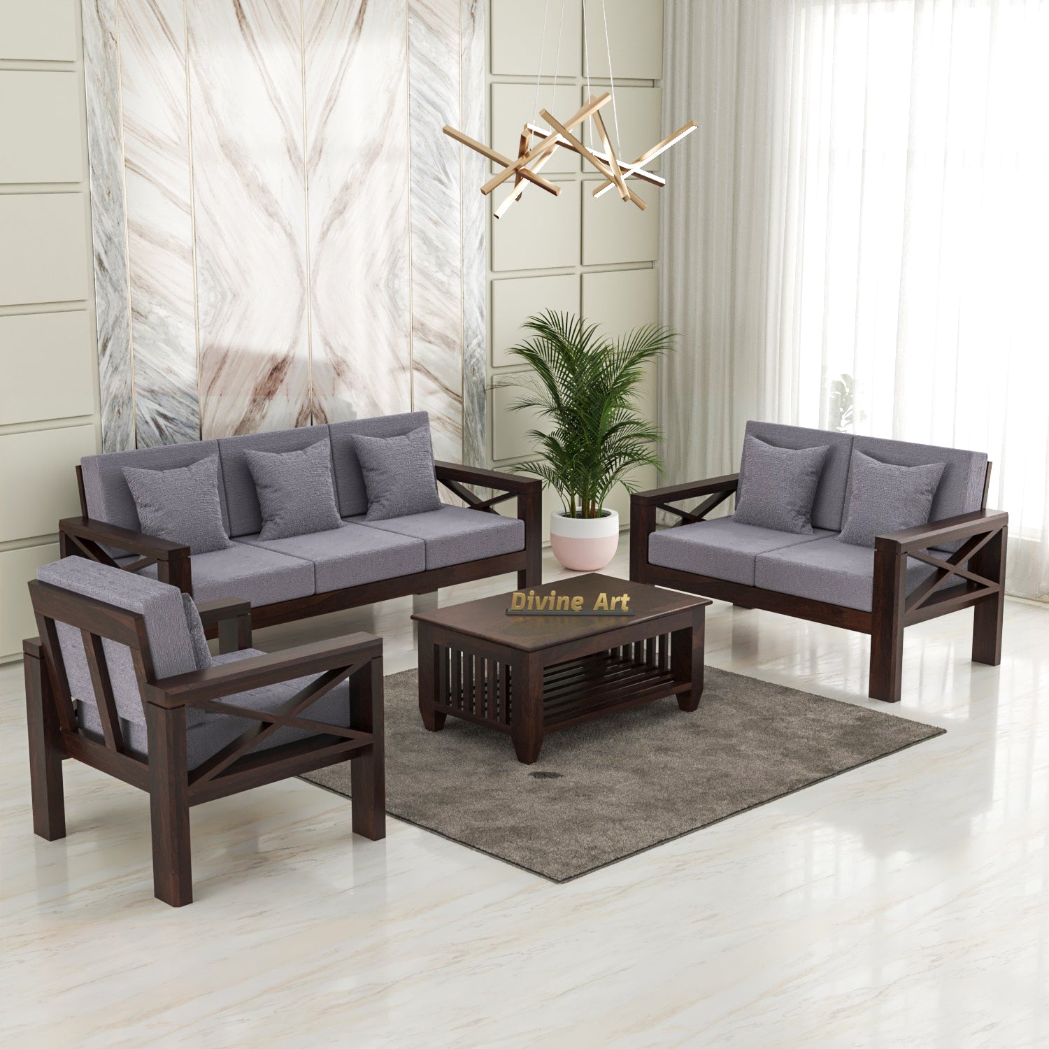 Alexandria Sheesham Wood 6 Seater Sofa Set | Walnut Finish