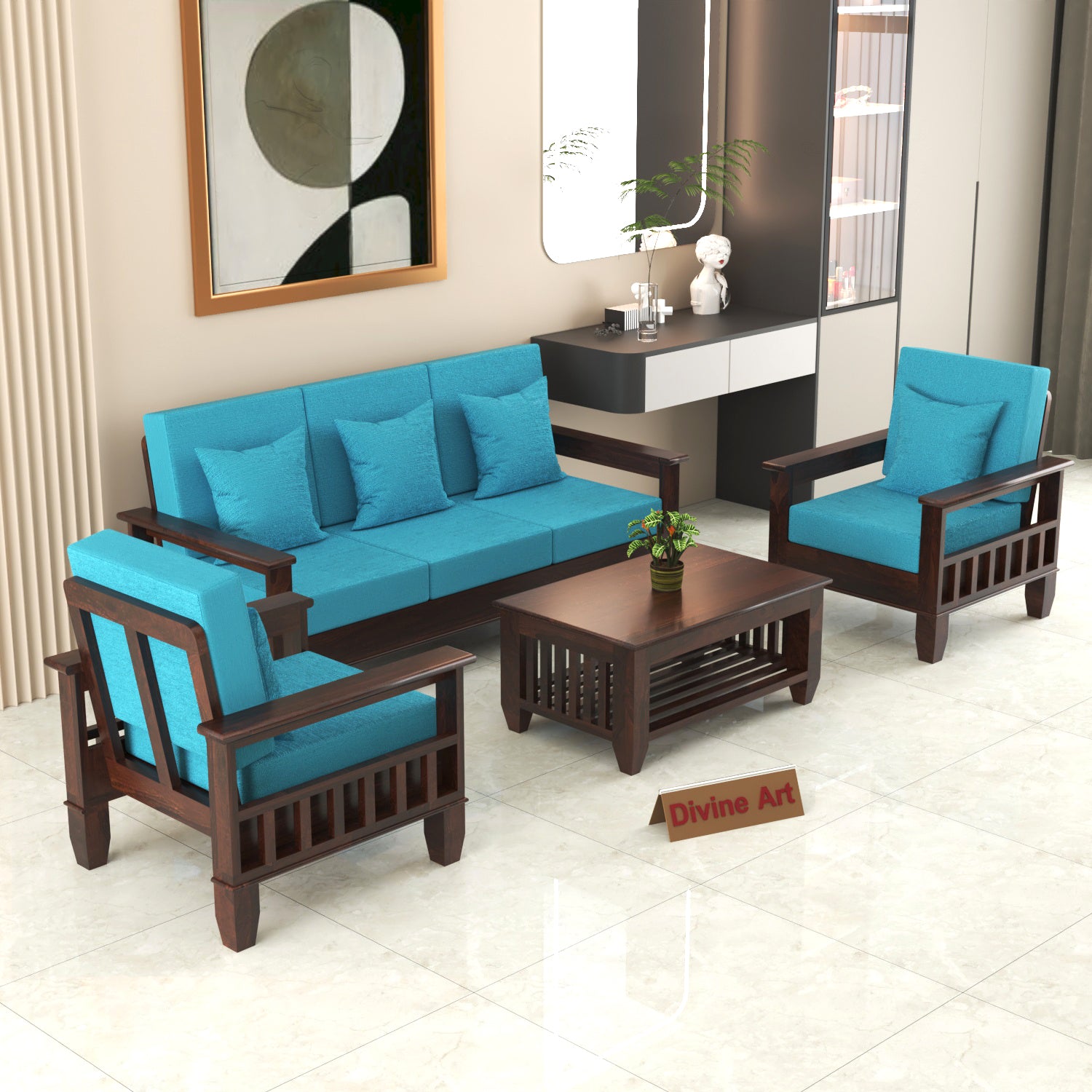 Premium Solid Sheesham Wood 5 Seater Wooden Sofa Set | Walnut Finish