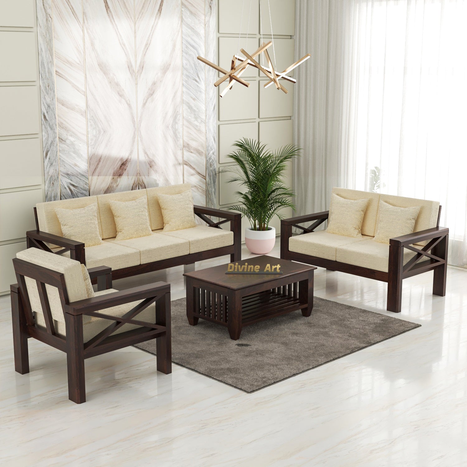 Alexandria Sheesham Wood 6 Seater Sofa Set | Walnut Finish
