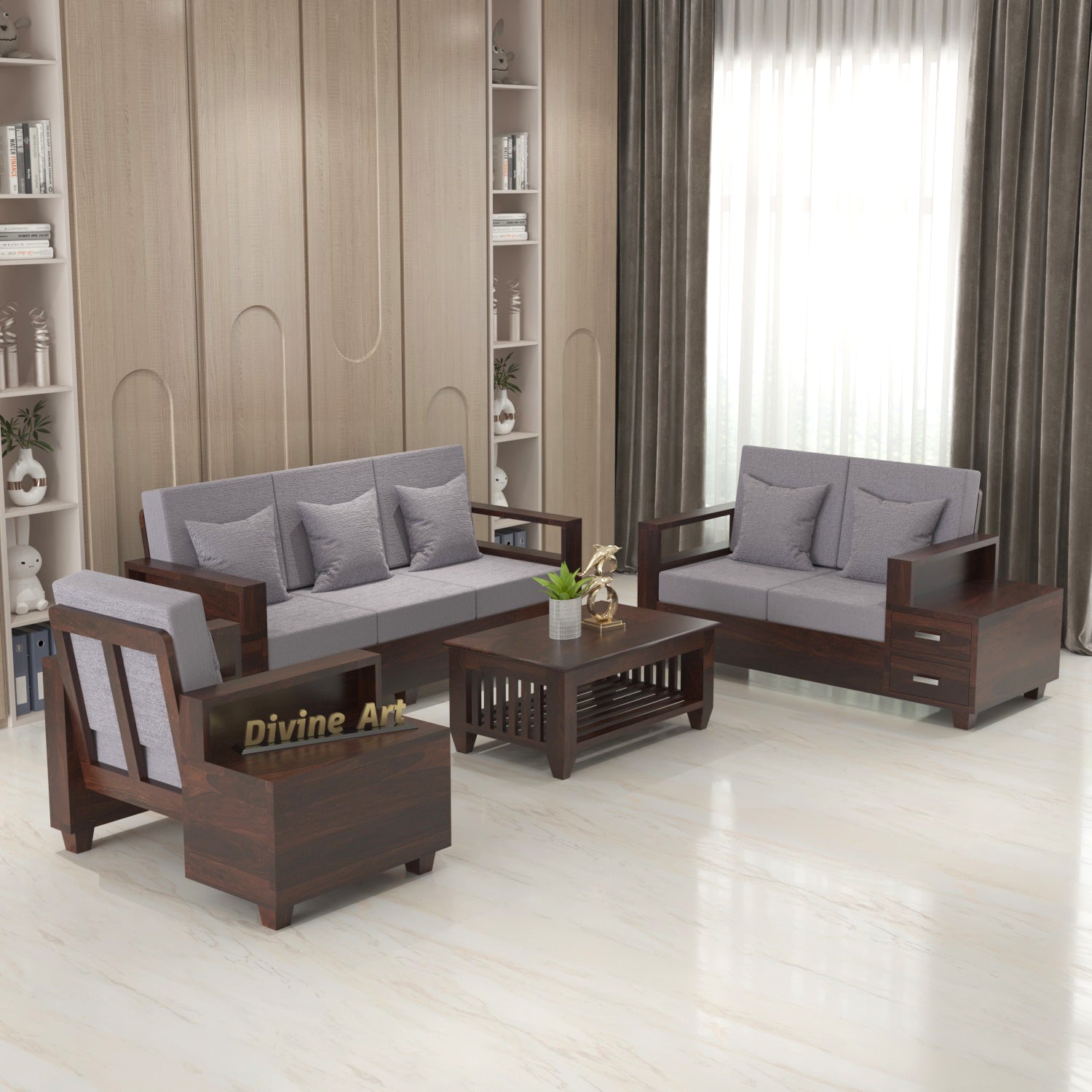 Premium Solid Sheesham Wood 6 Seater Sofa Set with Storage | Walnut Finish