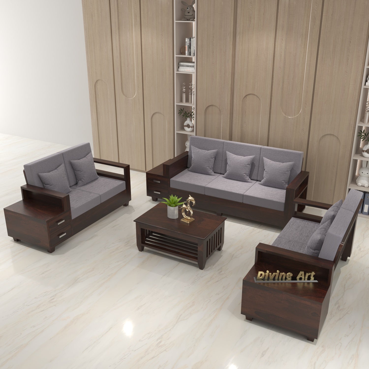 Solid Sheesham Wood 7 Seater Wooden Sofa Set with Side Drawer