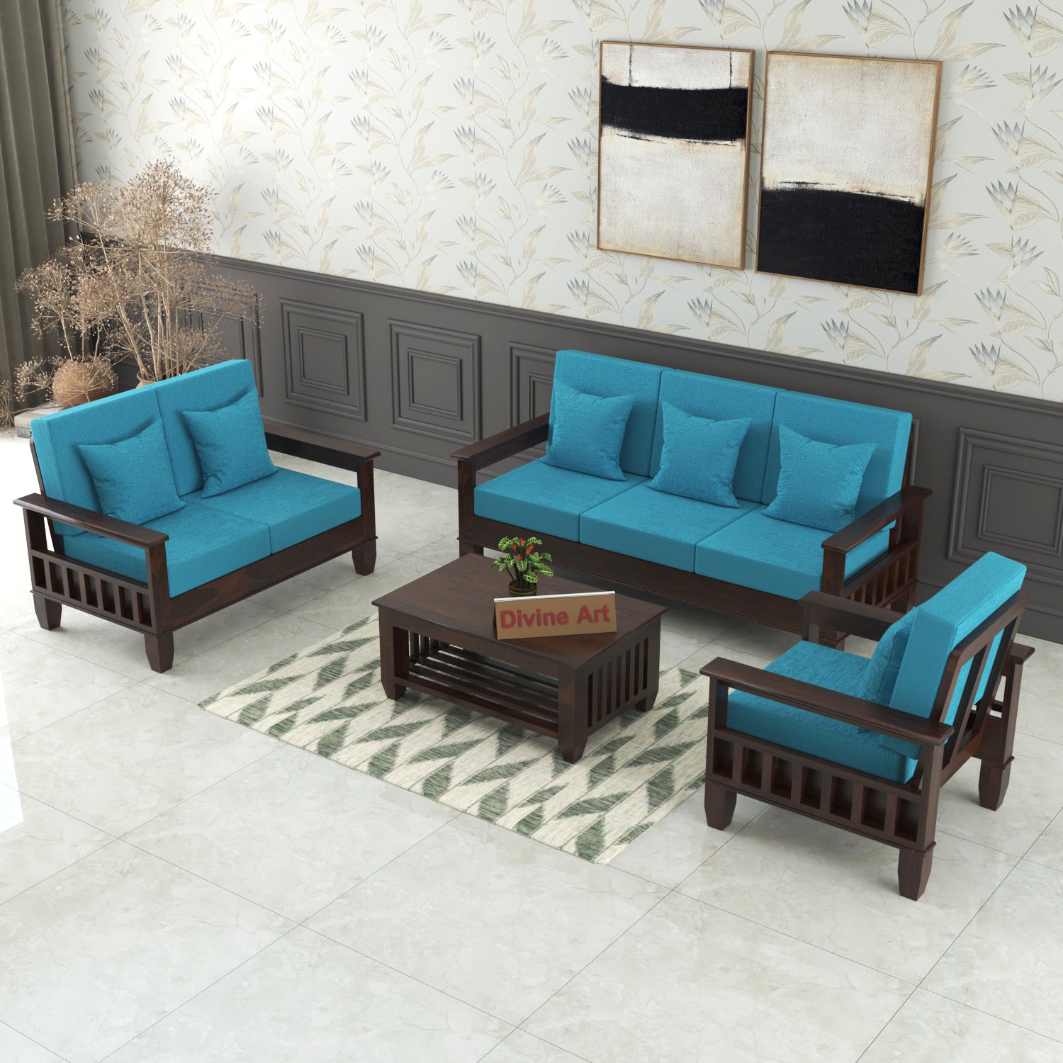 7 Seater Solid Sheesham Wood Sofa Set For Living Room | Walnut Finish