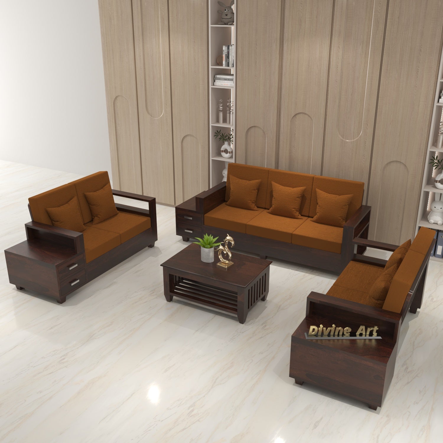 Solid Sheesham Wood 7 Seater Wooden Sofa Set with Side Drawer