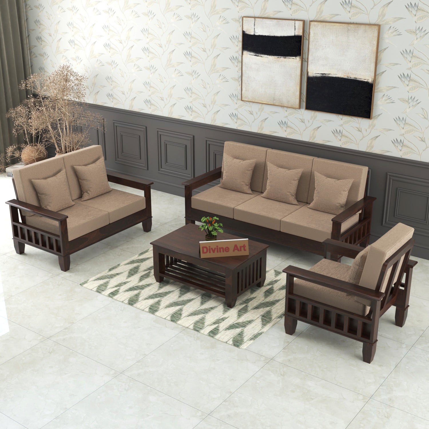 7 Seater Solid Sheesham Wood Sofa Set For Living Room | Walnut Finish