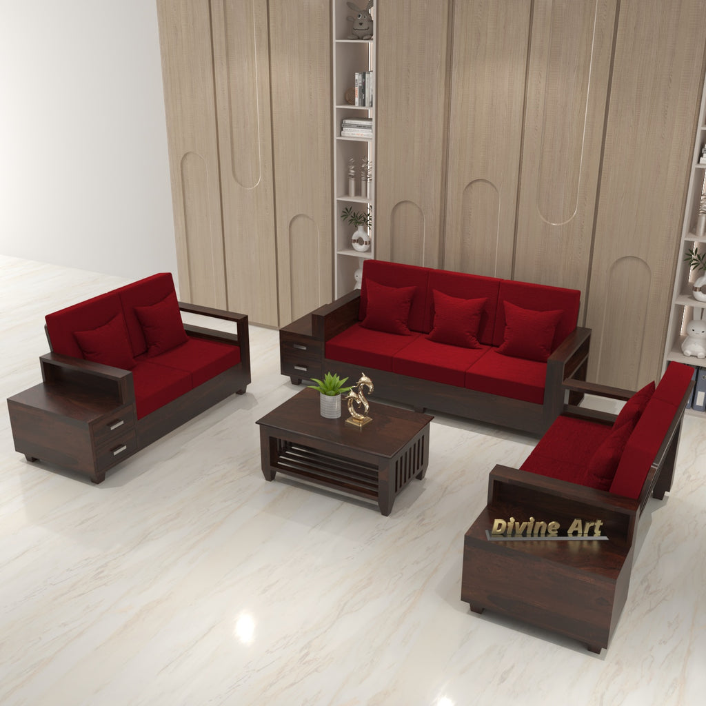 Solid Sheesham Wood 7 Seater Wooden Sofa Set with Side Drawer