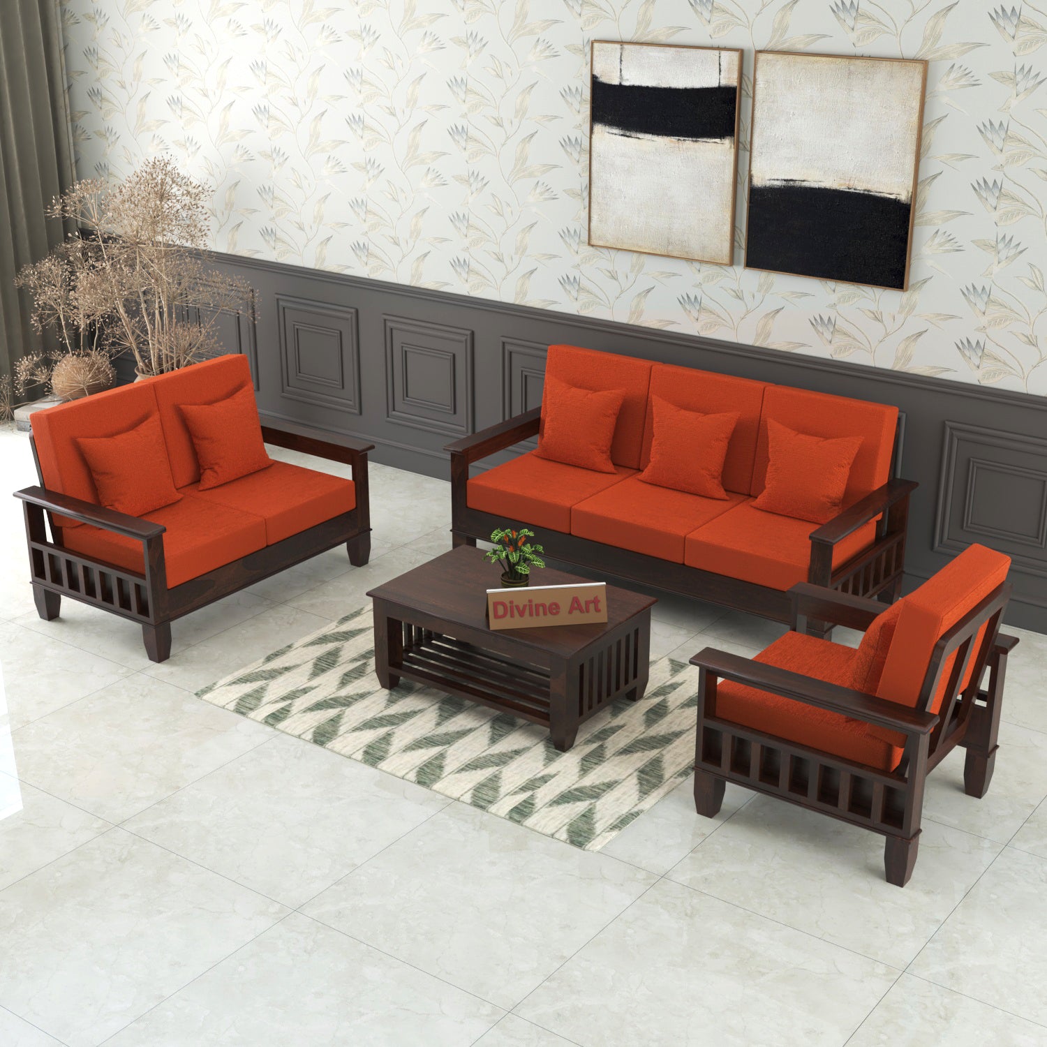 7 Seater Solid Sheesham Wood Sofa Set For Living Room | Walnut Finish