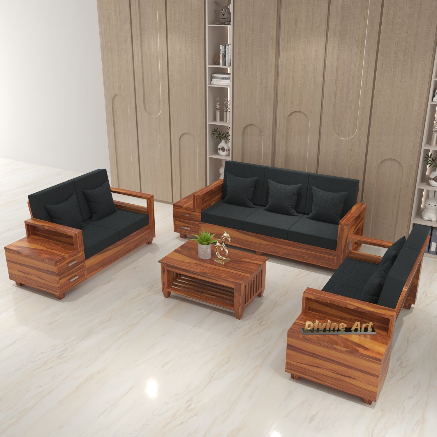 Solid Sheesham Wood 7 Seater Wooden Sofa Set with Side Drawer