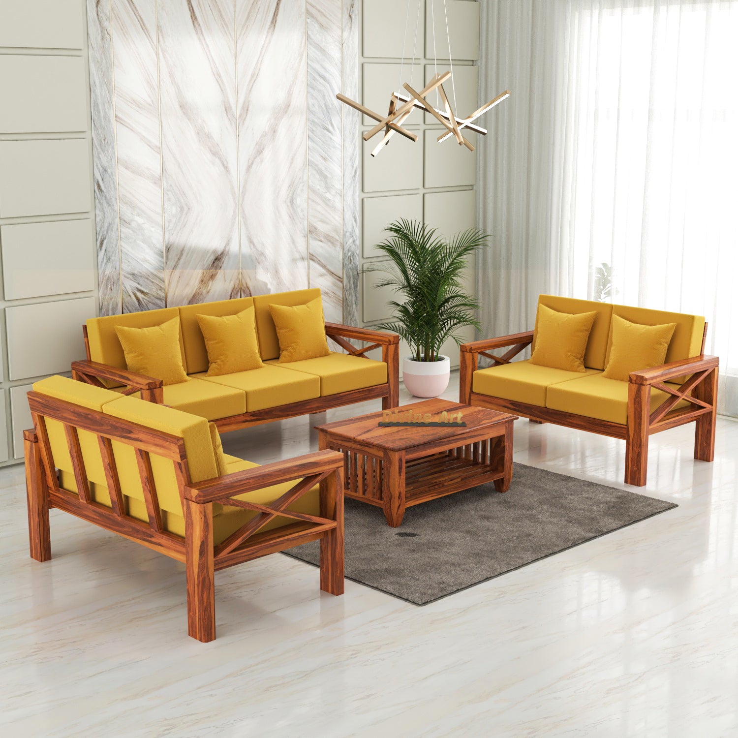 Moscow Solid Wood 7 Seater Sofa Set | Natural Finish