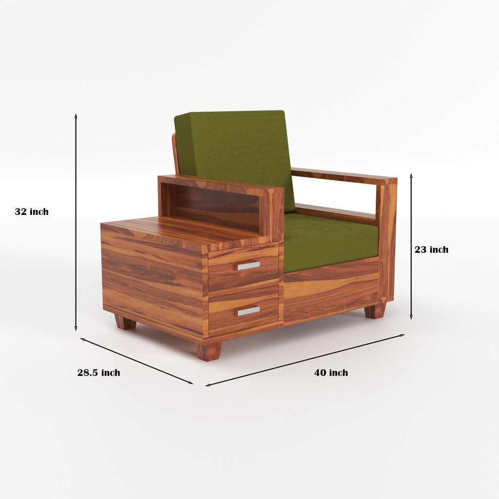 Colaba Sheesham Wood 1 Seater Sofa with Side Box Drawer | Natural Finish