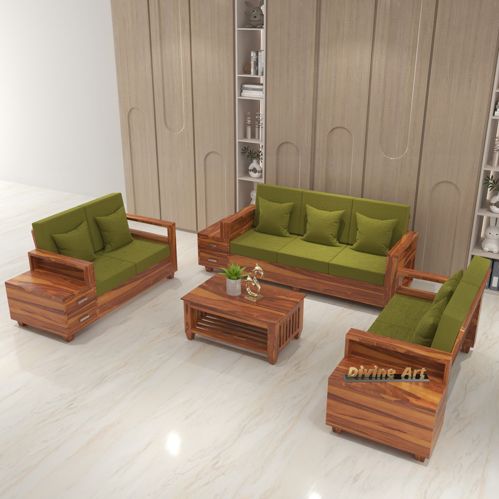 Solid Sheesham Wood 7 Seater Wooden Sofa Set with Side Drawer