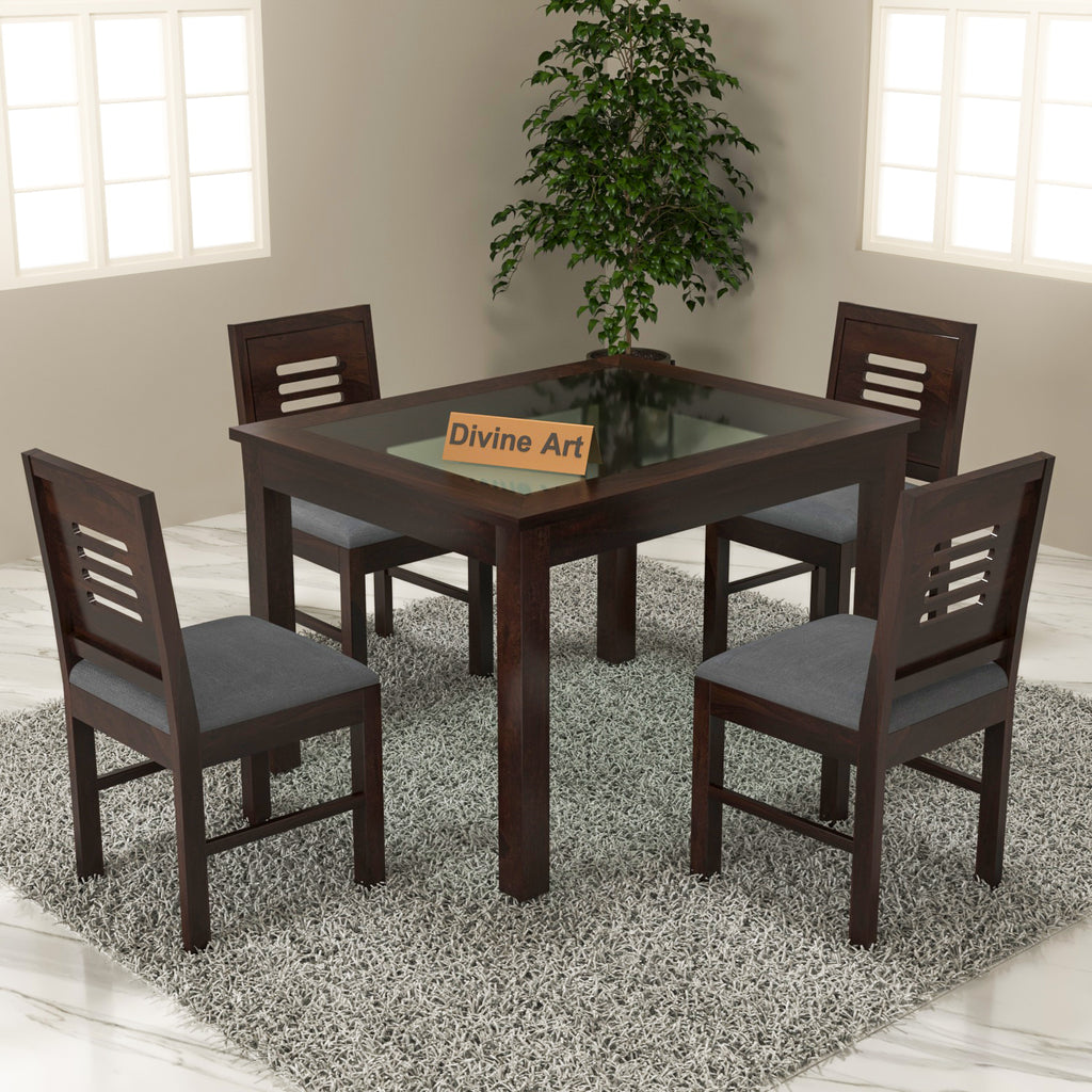 Kythera 4 Seater Round Solid Wood Glass Top Dining Table Set