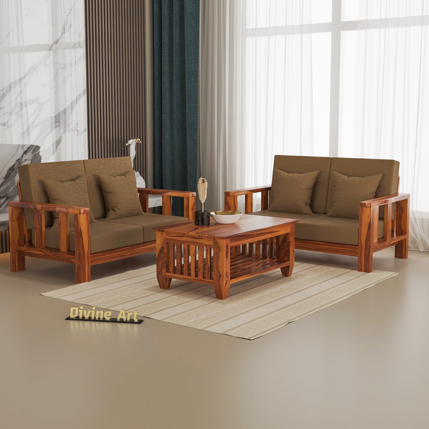 Solid Sheesham Wood 4 Seater Sofa – Natural Finish