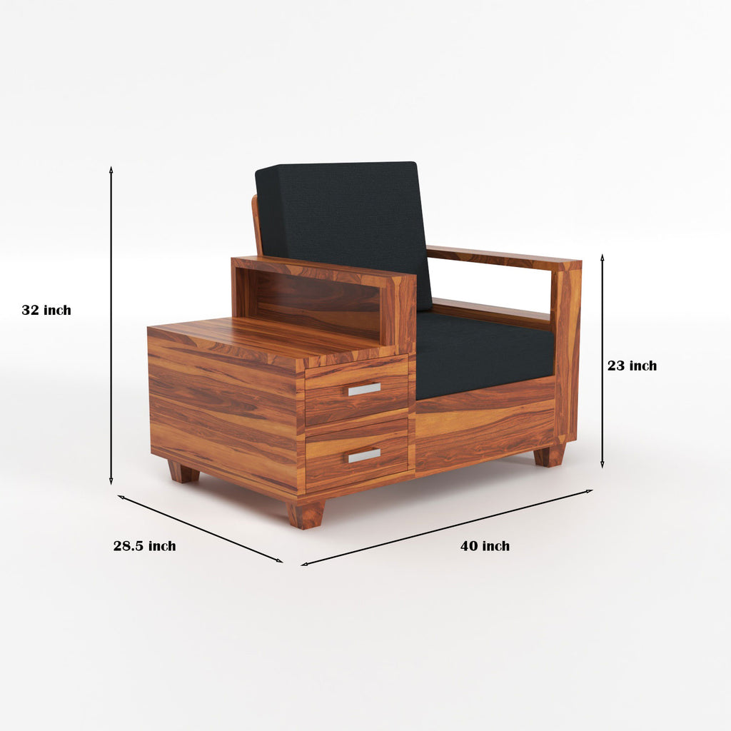 Colaba Sheesham Wood 1 Seater Sofa with Side Box Drawer | Natural Finish