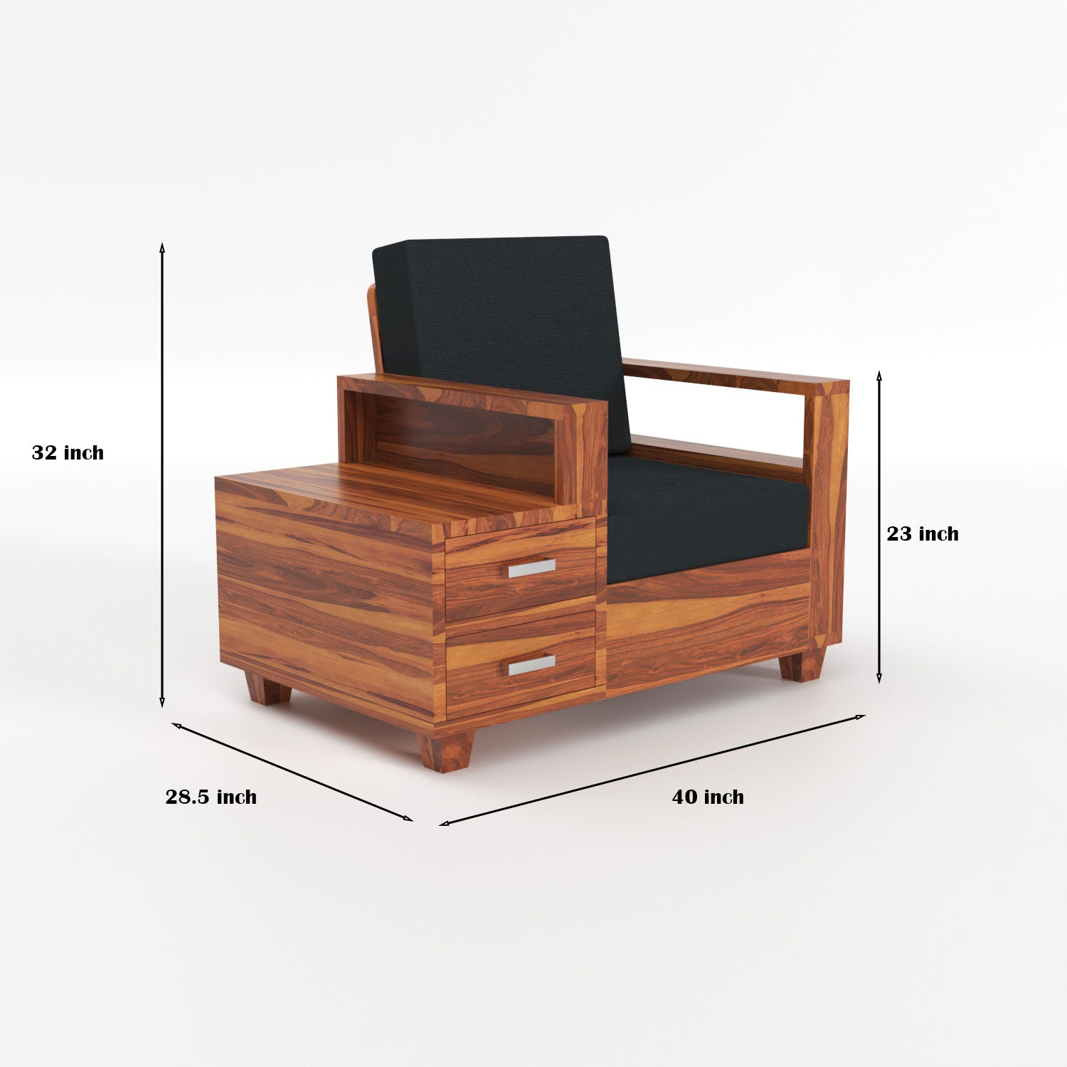 Colaba Sheesham Wood 1 Seater Sofa with Side Box Drawer | Natural Finish