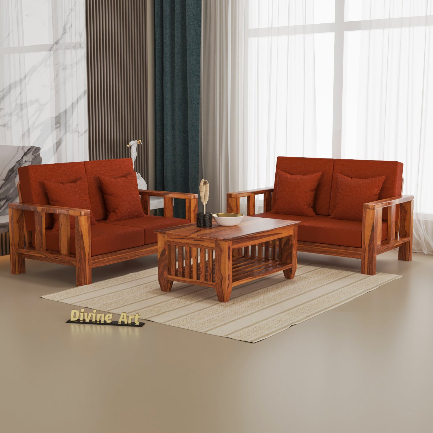 Solid Sheesham Wood 4 Seater Wooden Sofa for Living Room