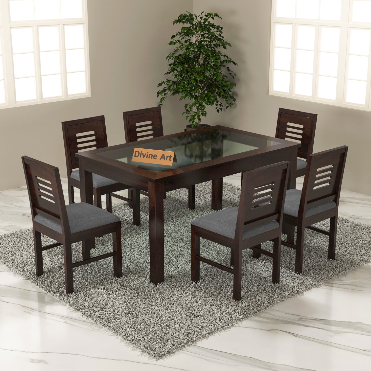 Omnira 6 Seater Round Solid Wood Glass Top Dining Table Set