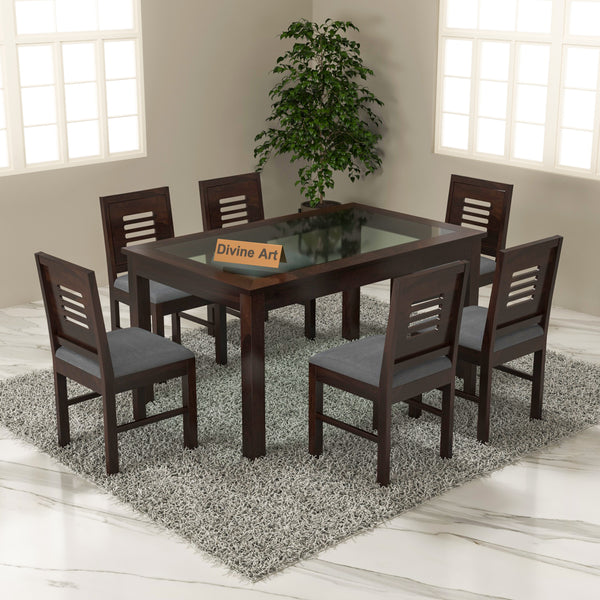 Omnira 6 Seater Round Solid Wood Glass Top Dining Table Set