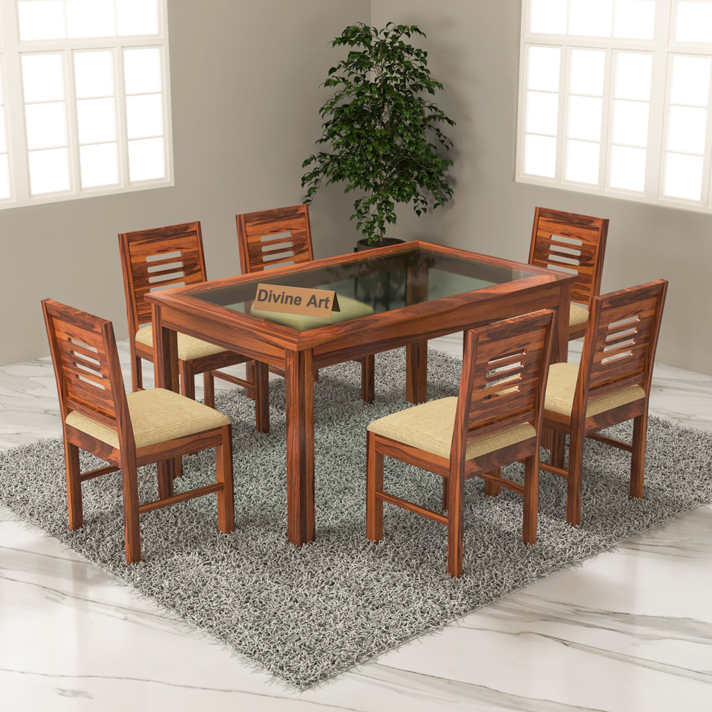 Omnira 6 Seater Round Solid Wood Glass Top Dining Table Set