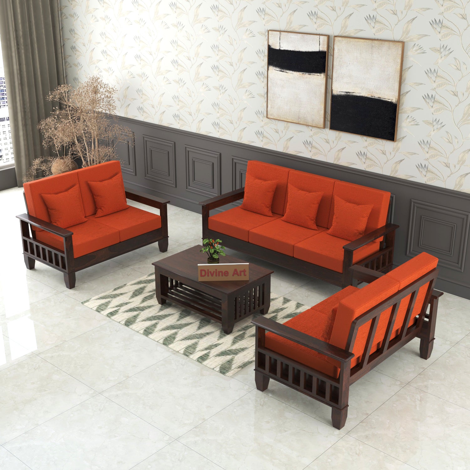 Premium Solid Sheesham Wood 7 Seater Wooden Sofa Set | Walnut Finish