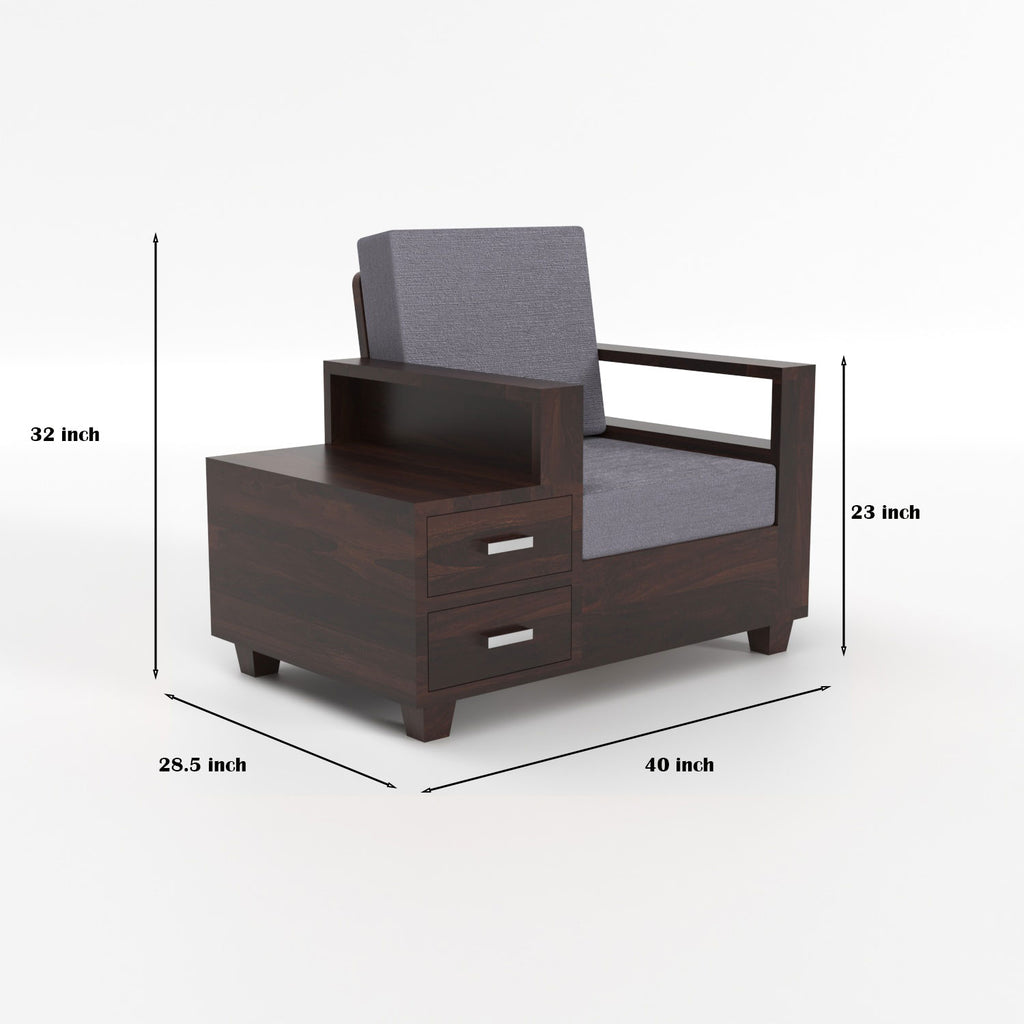 Colaba Sheesham Wood 1 Seater Sofa with Side Box Drawer | Walnut Finish