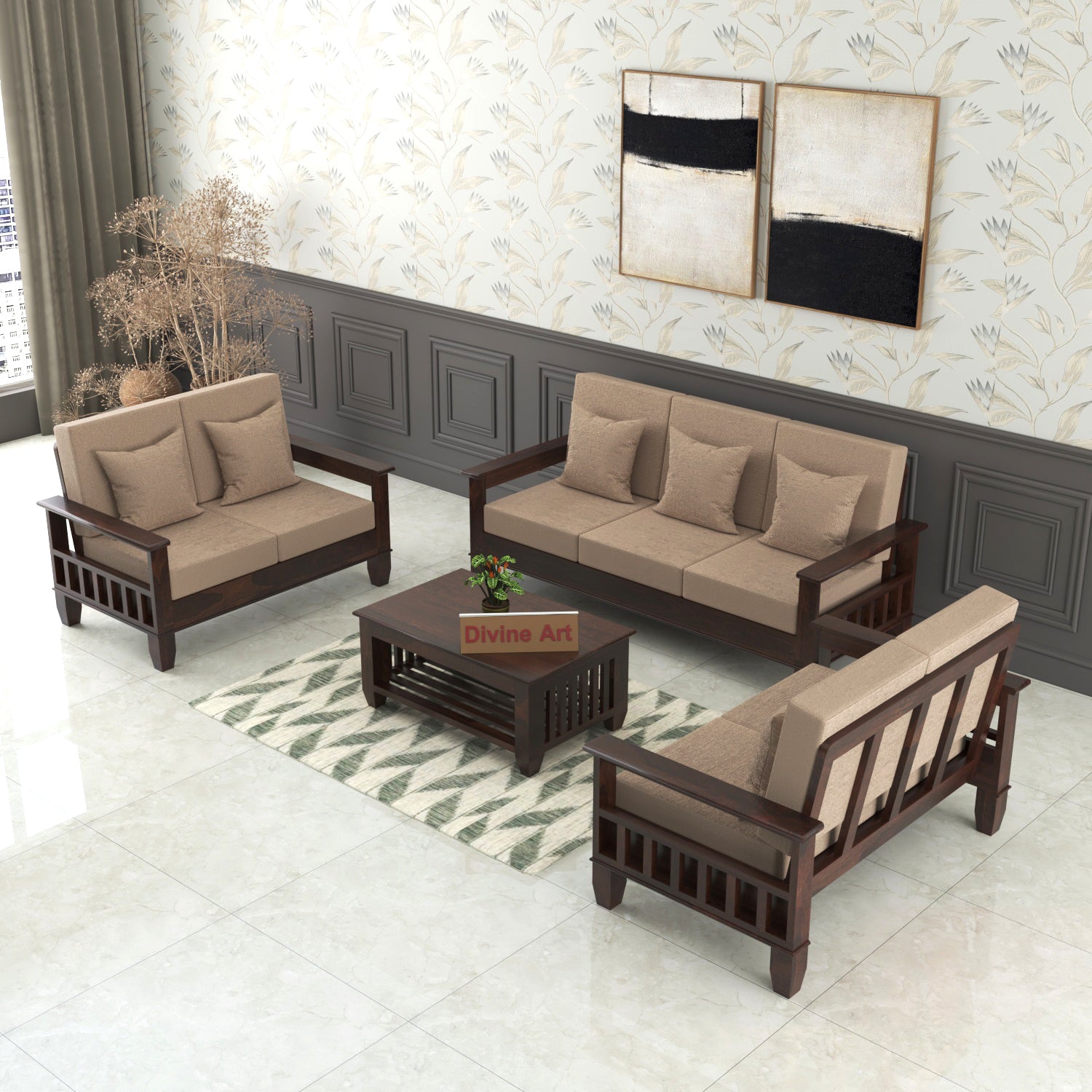 Premium Solid Sheesham Wood 7 Seater Wooden Sofa Set | Walnut Finish