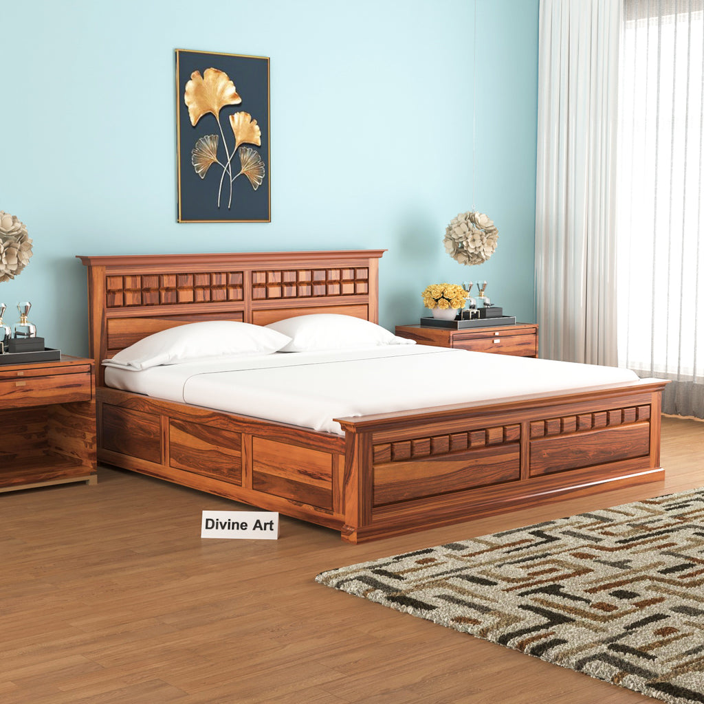 Zoryn Solid Sheesham Wood King Size Bed with Storage