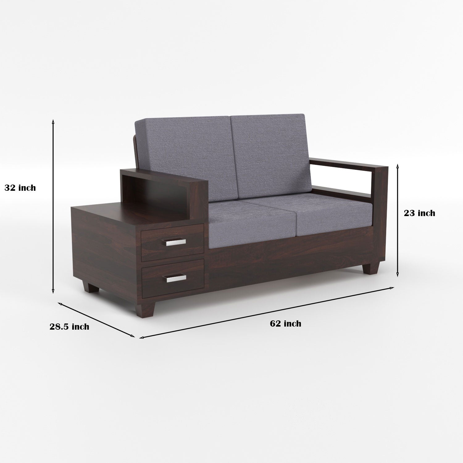 Lunaris Sheesham Wood 2 Seater Sofa with Side Box Drawer | Walnut Finish
