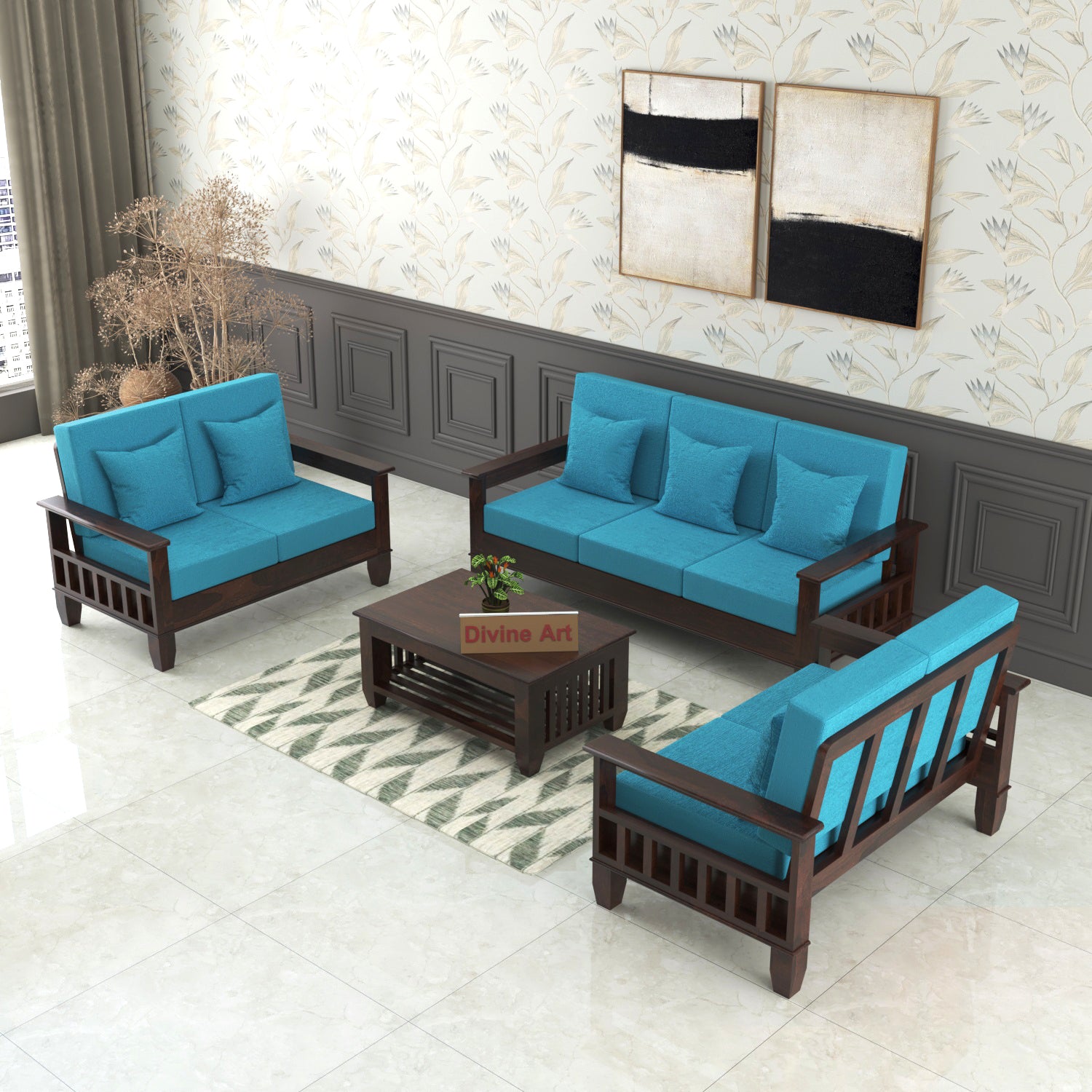 Premium Solid Sheesham Wood 7 Seater Wooden Sofa Set | Walnut Finish