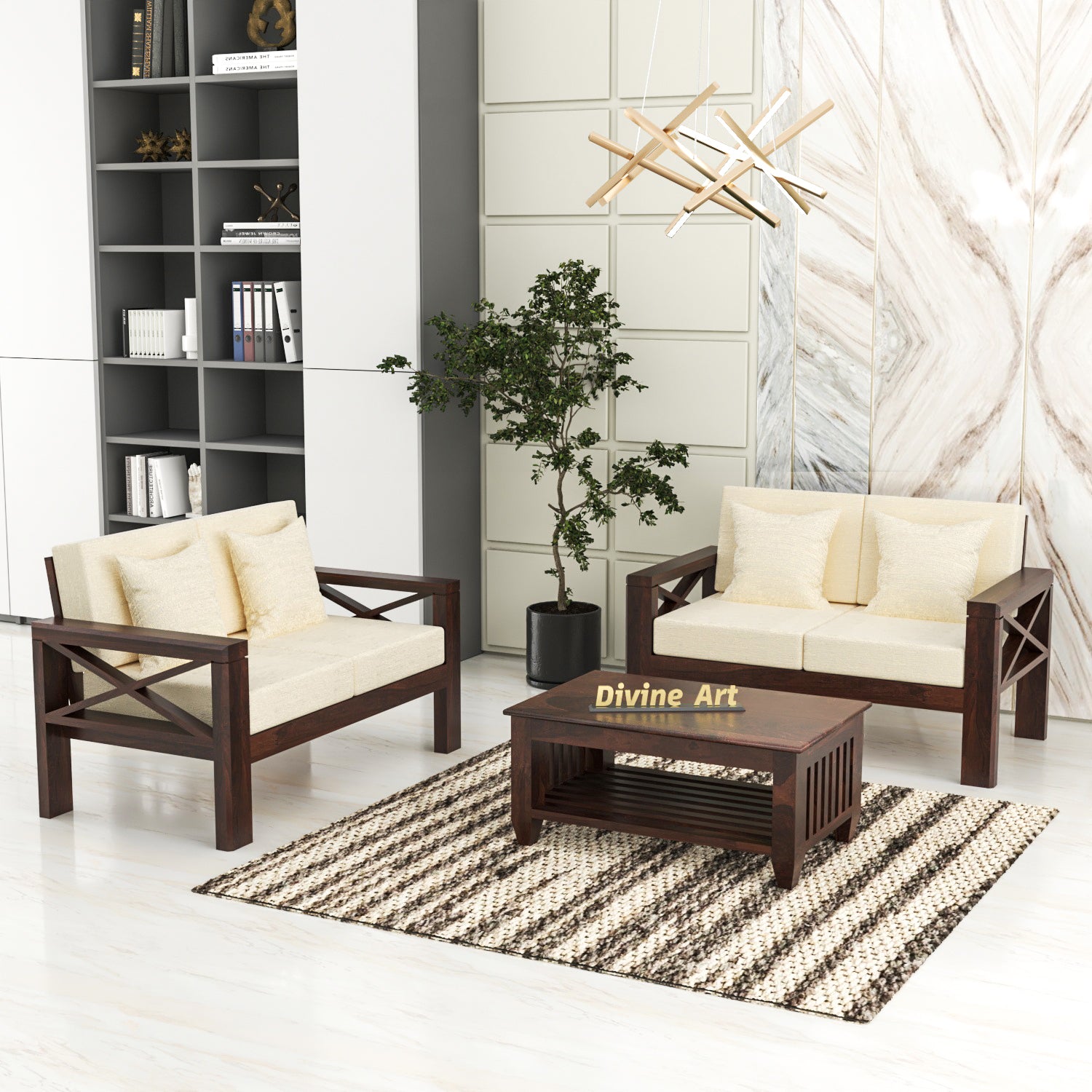 Lumora Sheesham Wood 4 Seater Sofa Set | Walnut Finish