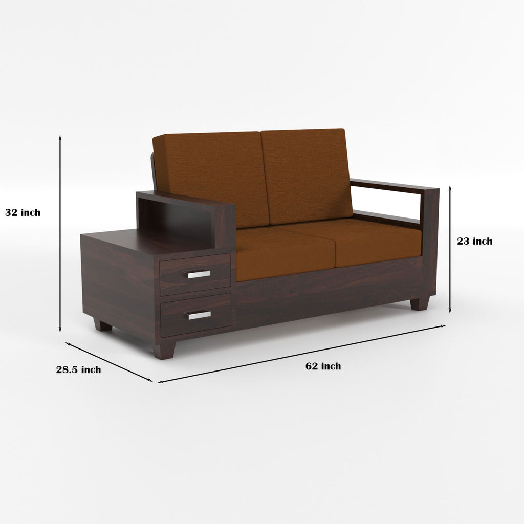 Lunaris Sheesham Wood 2 Seater Sofa with Side Box Drawer | Walnut Finish