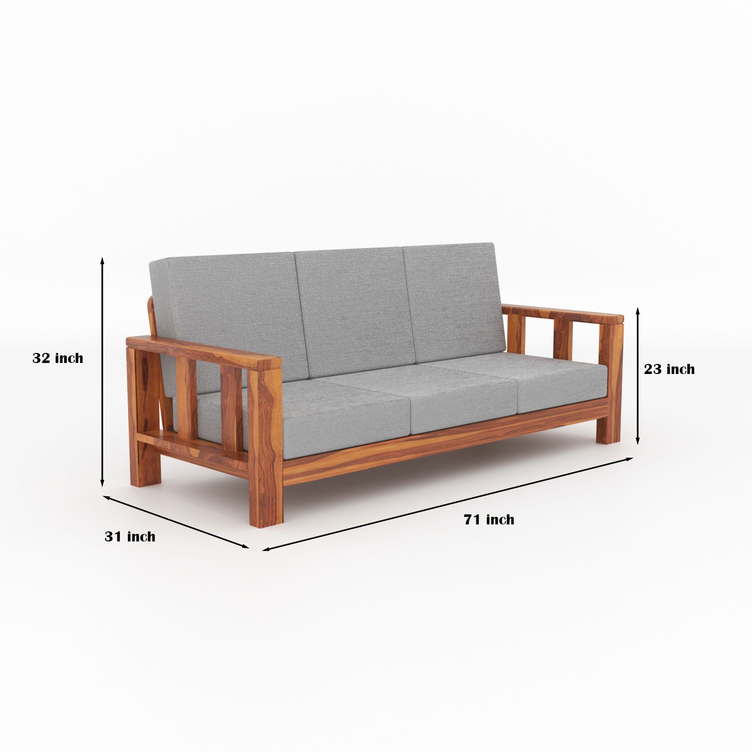 Solid Sheesham Wood 3 Seater Sofa – Natural Finish