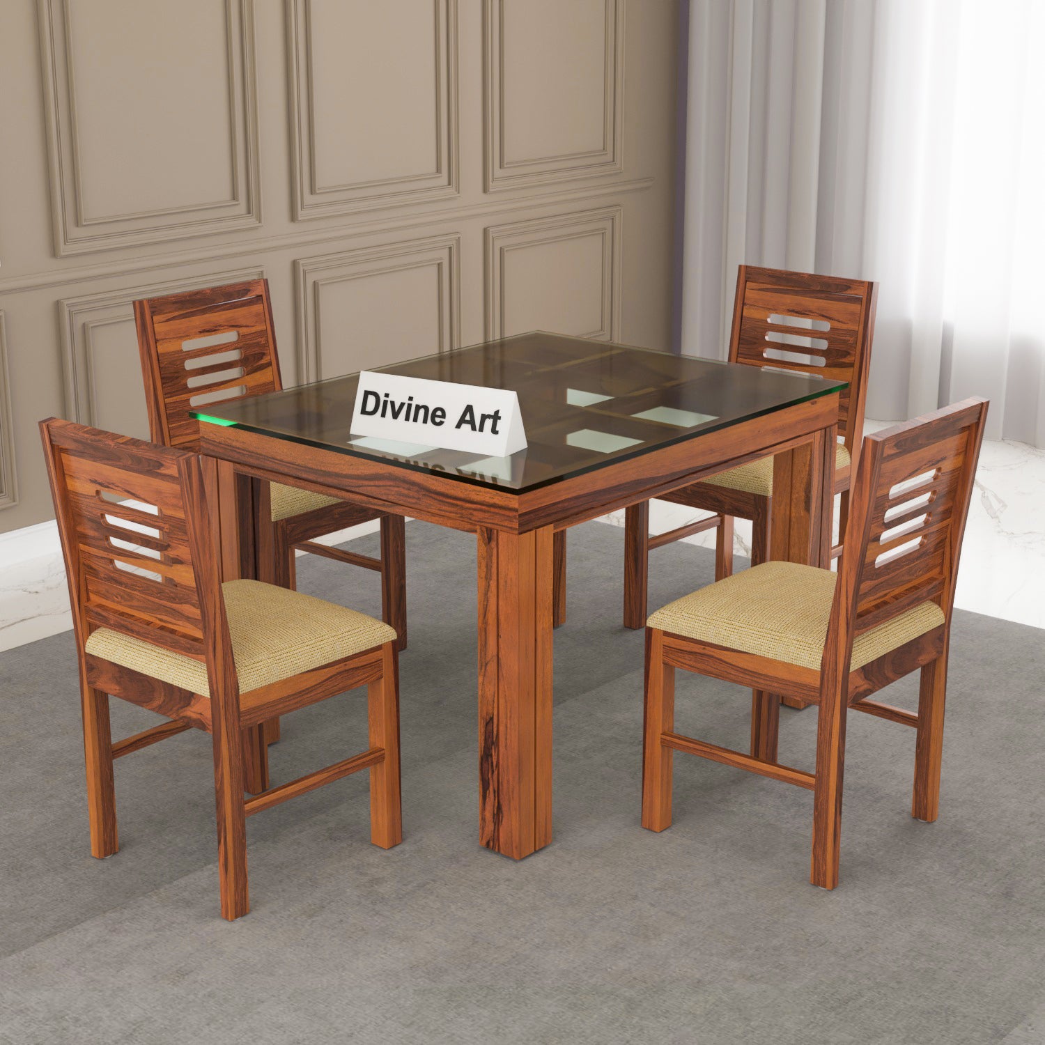 Auralis 4 Seater Round Solid Wood Glass Top Dining Table Set