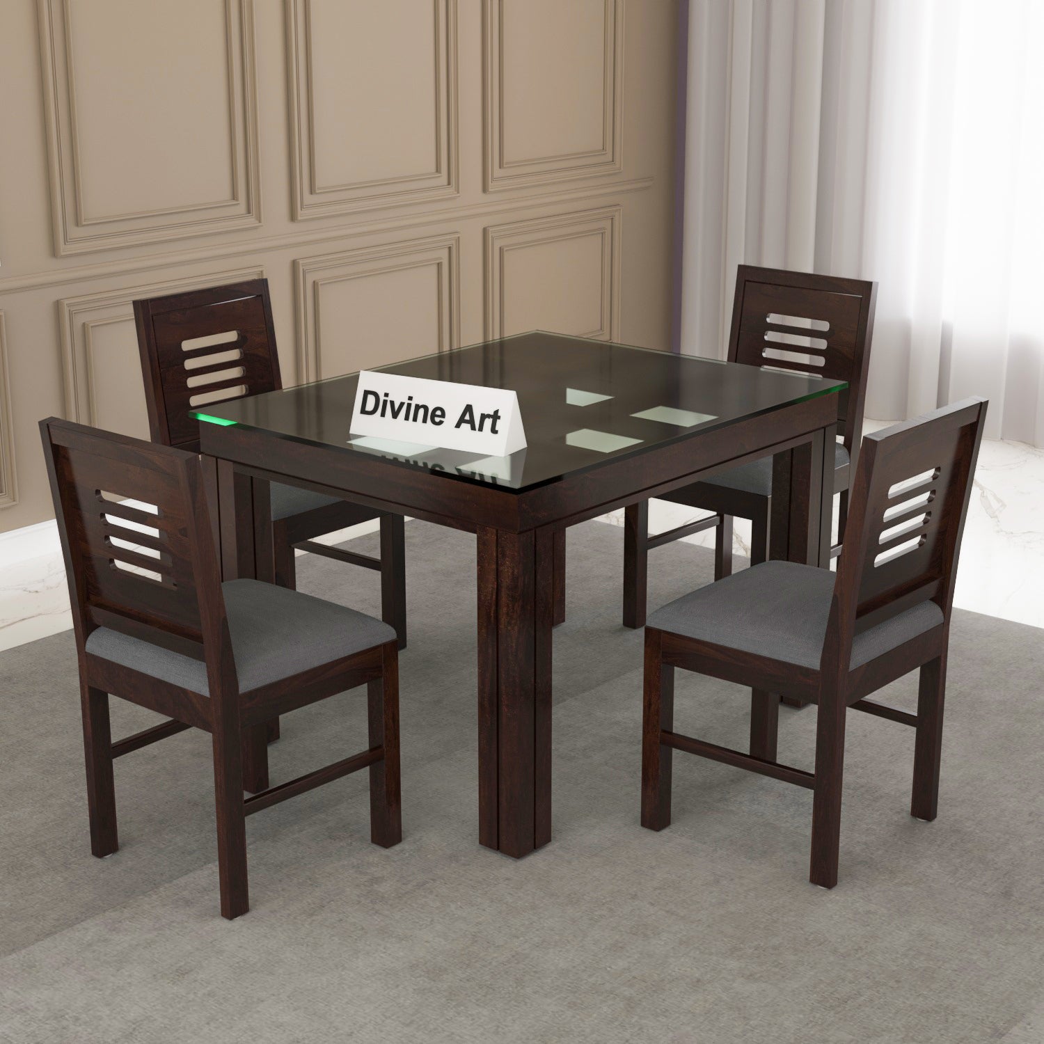 Auralis 4 Seater Round Solid Wood Glass Top Dining Table Set