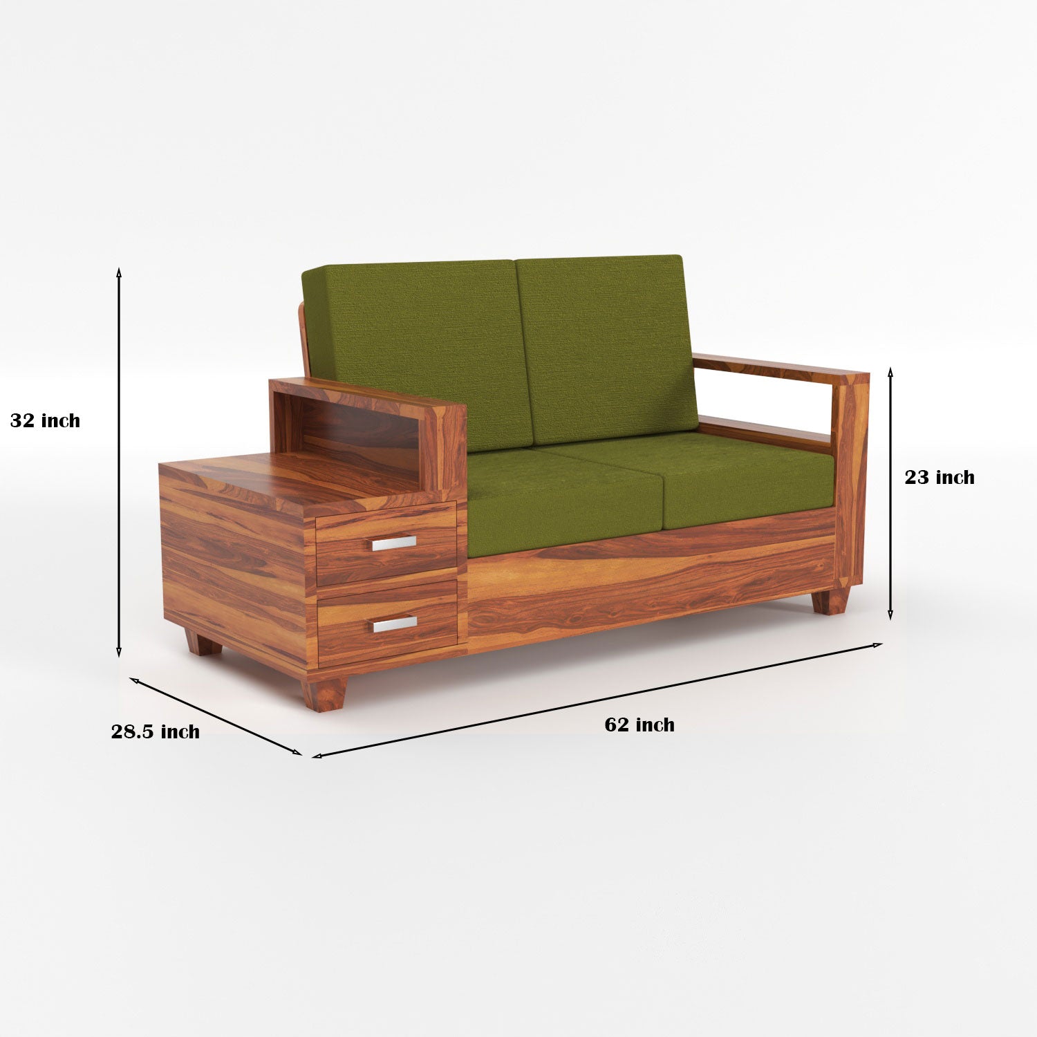 Lunaris Sheesham Wood 2 Seater Sofa with Side Box Drawer | Natural Finish