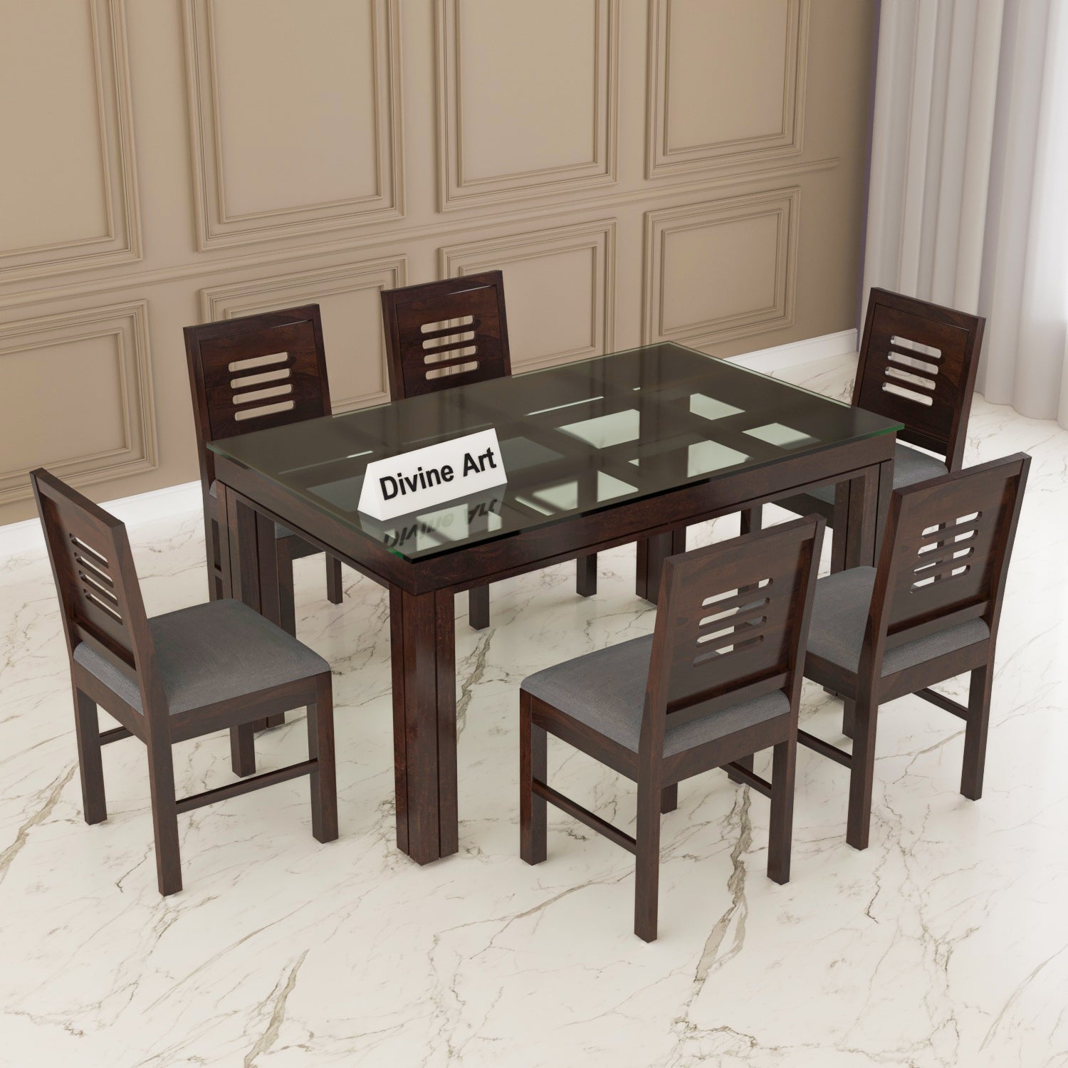Orvyn 6 Seater Round Solid Wood Glass Top Dining Table Set