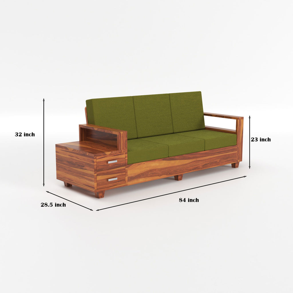 Luneth Sheesham Wood 3 Seater Sofa with Side Box Drawer | Natural Finish